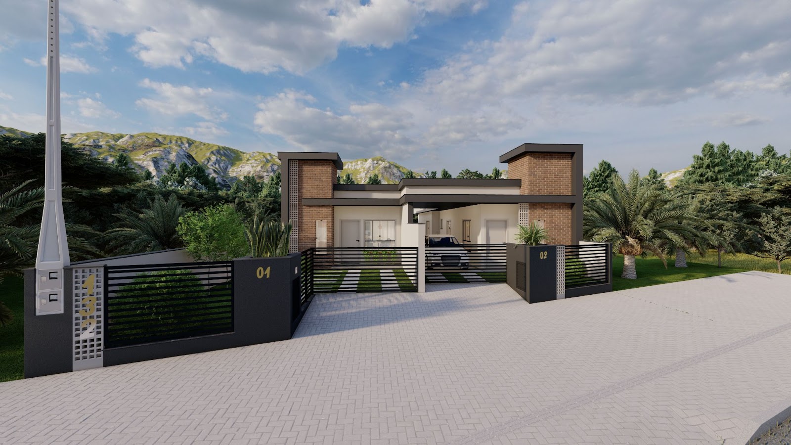 Render de casas geminadas térreas com fachada em concreto, pilares em tijolo aparente e portões numerados 01 e 02, cercadas por paisagismo e montanhas ao fundo, em Timbó, SC
